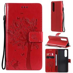 Embossing Butterfly Tree Leather Wallet Case for Sony Xperia 5 III - Red