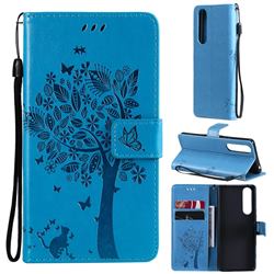 Embossing Butterfly Tree Leather Wallet Case for Sony Xperia 5 III - Blue