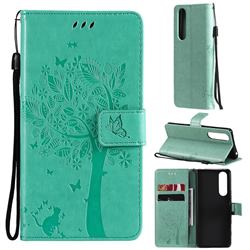 Embossing Butterfly Tree Leather Wallet Case for Sony Xperia 5 III - Cyan