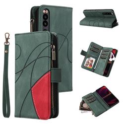 Luxury Two-color Stitching Multi-function Zipper Leather Wallet Case Cover for Sony Xperia 5 III - Green
