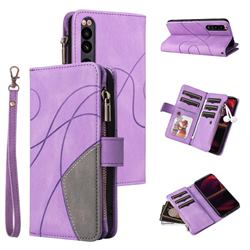 Luxury Two-color Stitching Multi-function Zipper Leather Wallet Case Cover for Sony Xperia 5 III - Purple
