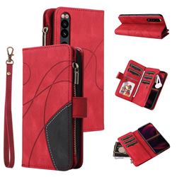 Luxury Two-color Stitching Multi-function Zipper Leather Wallet Case Cover for Sony Xperia 5 III - Red