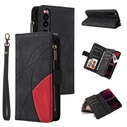 Luxury Two-color Stitching Multi-function Zipper Leather Wallet Case Cover for Sony Xperia 5 III - Black