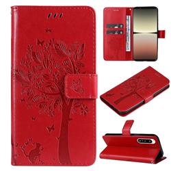 Embossing Butterfly Tree Leather Wallet Case for Sony Xperia 5 IV - Red