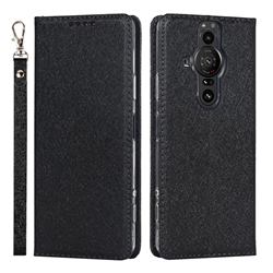 Ultra Slim Magnetic Automatic Suction Silk Lanyard Leather Flip Cover for Sony Xperia Pro-I - Black