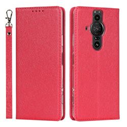 Ultra Slim Magnetic Automatic Suction Silk Lanyard Leather Flip Cover for Sony Xperia Pro-I - Red