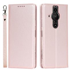 Ultra Slim Magnetic Automatic Suction Silk Lanyard Leather Flip Cover for Sony Xperia Pro-I - Rose Gold