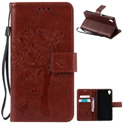 Embossing Butterfly Tree Leather Wallet Case for Sony Xperia X / Sony X Dual - Brown