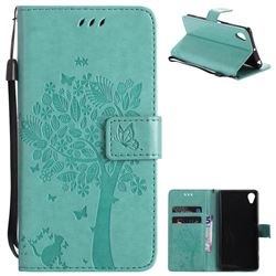 Embossing Butterfly Tree Leather Wallet Case for Sony Xperia X - Cyan