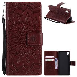 Embossing Sunflower Leather Wallet Case for Sony Xperia XA1 - Brown