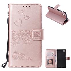Embossing Owl Couple Flower Leather Wallet Case for Sony Xperia XA1 - Rose Gold
