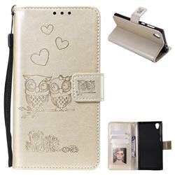 Embossing Owl Couple Flower Leather Wallet Case for Sony Xperia XA1 - Golden