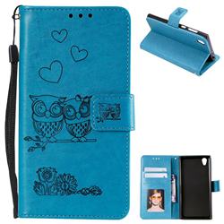 Embossing Owl Couple Flower Leather Wallet Case for Sony Xperia XA1 - Blue