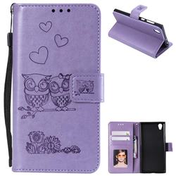 Embossing Owl Couple Flower Leather Wallet Case for Sony Xperia XA1 - Purple