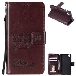 Embossing Owl Couple Flower Leather Wallet Case for Sony Xperia XA1 - Brown