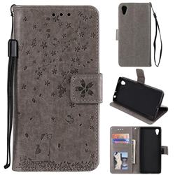 Embossing Cherry Blossom Cat Leather Wallet Case for Sony Xperia XA1 - Gray