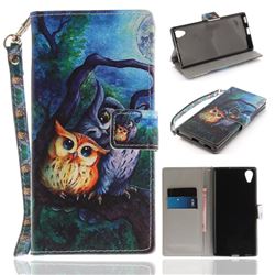 Oil Painting Owl Hand Strap Leather Wallet Case for Sony Xperia XA1 Plus