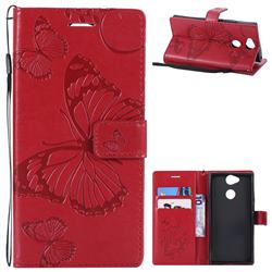 Embossing 3D Butterfly Leather Wallet Case for Sony Xperia XA2 - Red