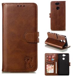 Embossing Happy Cat Leather Wallet Case for Sony Xperia XA2 - Brown