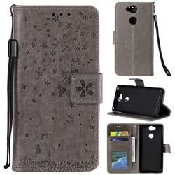 Embossing Cherry Blossom Cat Leather Wallet Case for Sony Xperia XA2 - Gray