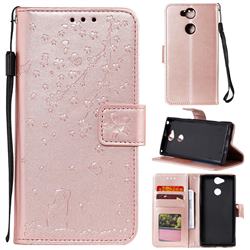 Embossing Cherry Blossom Cat Leather Wallet Case for Sony Xperia XA2 - Rose Gold