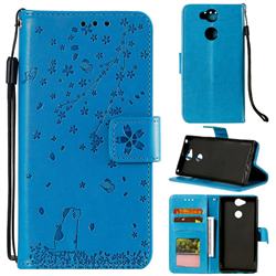 Embossing Cherry Blossom Cat Leather Wallet Case for Sony Xperia XA2 - Blue