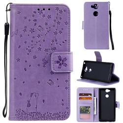 Embossing Cherry Blossom Cat Leather Wallet Case for Sony Xperia XA2 - Purple