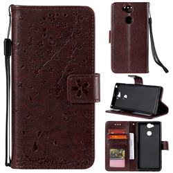 Embossing Cherry Blossom Cat Leather Wallet Case for Sony Xperia XA2 - Brown
