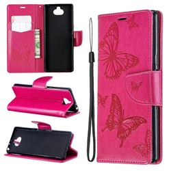 Embossing Double Butterfly Leather Wallet Case for Sony Xperia 10 / Xperia XA3 - Red
