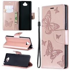 Embossing Double Butterfly Leather Wallet Case for Sony Xperia 10 / Xperia XA3 - Rose Gold