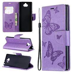 Embossing Double Butterfly Leather Wallet Case for Sony Xperia 10 / Xperia XA3 - Purple