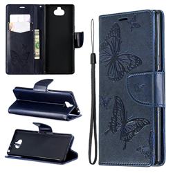 Embossing Double Butterfly Leather Wallet Case for Sony Xperia 10 / Xperia XA3 - Dark Blue