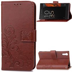 Embossing Imprint Four-Leaf Clover Leather Wallet Case for Sony Xperia XZ / XZ Dual - Brown