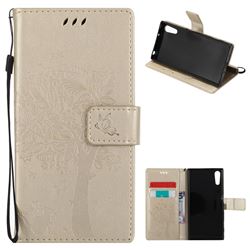 Embossing Butterfly Tree Leather Wallet Case for Sony Xperia XZ - Champagne