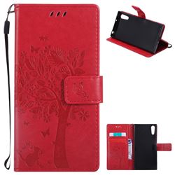 Embossing Butterfly Tree Leather Wallet Case for Sony Xperia XZ - Red