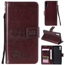 Embossing Owl Couple Flower Leather Wallet Case for Sony Xperia XZ XZs - Brown