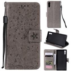 Embossing Cherry Blossom Cat Leather Wallet Case for Sony Xperia XZ XZs - Gray