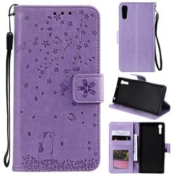 Embossing Cherry Blossom Cat Leather Wallet Case for Sony Xperia XZ XZs - Purple
