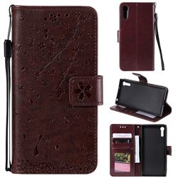 Embossing Cherry Blossom Cat Leather Wallet Case for Sony Xperia XZ XZs - Brown
