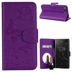 Embossing Butterfly Morning Glory Mirror Leather Wallet Case for Sony Xperia XZ1 - Purple