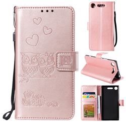Embossing Owl Couple Flower Leather Wallet Case for Sony Xperia XZ1 - Rose Gold