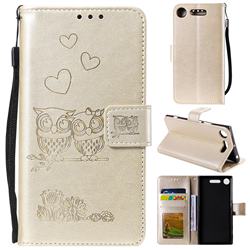 Embossing Owl Couple Flower Leather Wallet Case for Sony Xperia XZ1 - Golden