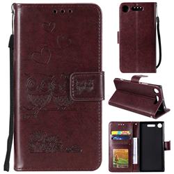 Embossing Owl Couple Flower Leather Wallet Case for Sony Xperia XZ1 - Brown