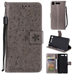 Embossing Cherry Blossom Cat Leather Wallet Case for Sony Xperia XZ1 - Gray