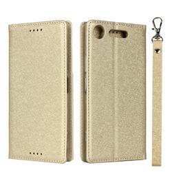 Ultra Slim Magnetic Automatic Suction Silk Lanyard Leather Flip Cover for Sony Xperia XZ1 - Golden