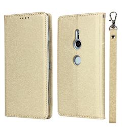 Ultra Slim Magnetic Automatic Suction Silk Lanyard Leather Flip Cover for Sony Xperia XZ2 - Golden