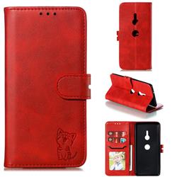 Embossing Happy Cat Leather Wallet Case for Sony Xperia XZ3 - Red