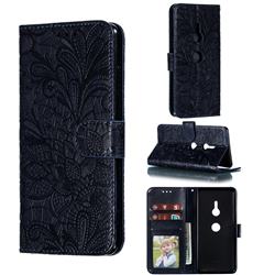 Intricate Embossing Lace Jasmine Flower Leather Wallet Case for Sony Xperia XZ3 - Dark Blue