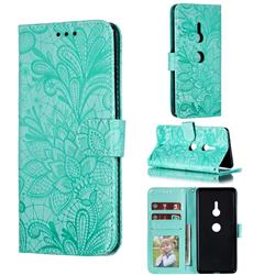 Intricate Embossing Lace Jasmine Flower Leather Wallet Case for Sony Xperia XZ3 - Green