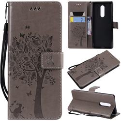 Embossing Butterfly Tree Leather Wallet Case for Sony Xperia 1 / Xperia XZ4 - Grey